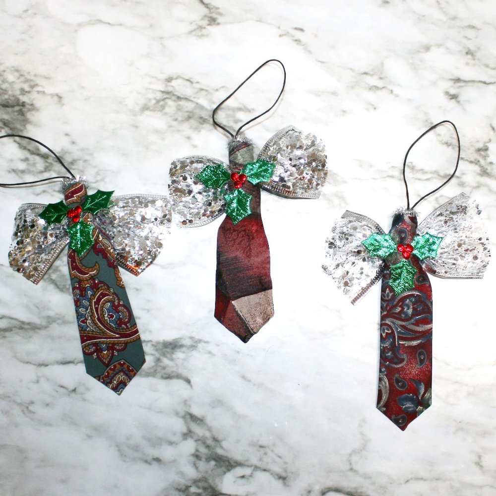 UPCYCLED Necktie Ornament Christmas Angel Hand Crafted Burgundy Neck Tie Set